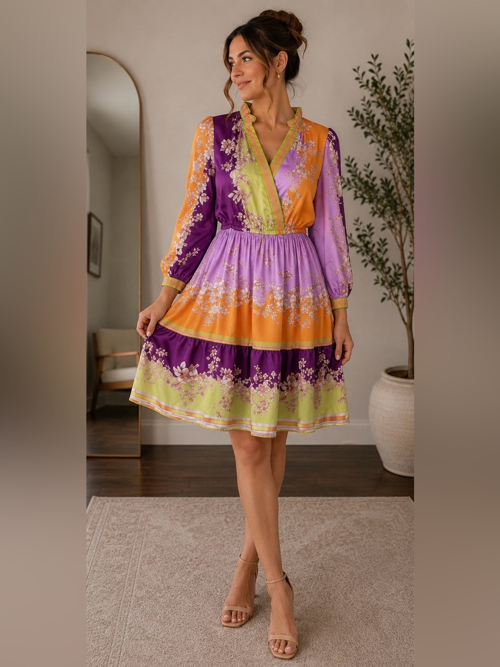Current Air Floral Dress XS Multicolor Satin Tiered Boho Mini‎ Anthropologie